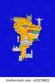 Illustration in the style of a flat design with the main sights of some latin america countries.