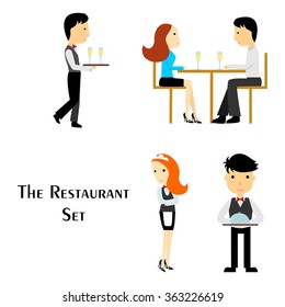 Illustration in the style of a flat design on the theme of the restaurant and the waiters.