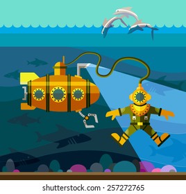 Illustration of style flat with diver and submarine