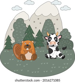 illustration in the style of Hand drawn, cow and beaver on the lawn, similar to the child's drawing
