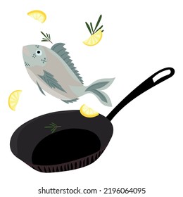 illustration in the style of kartun cooking fish with lemon in a frying pan