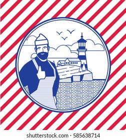 Illustration in the style of a linear pattern on the marine theme: the sea, the coastal town, ship, lighthouse, cliffs