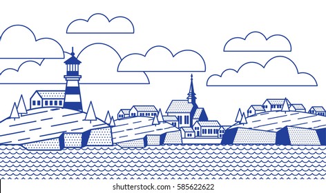 Illustration in the style of a lineart on the marine theme: the sea, the coastal town, boat, lighthouse, rock