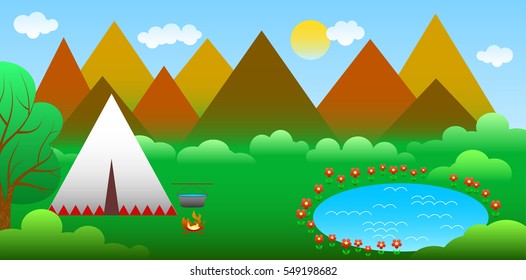 illustration in style of material design with mountain landscape.