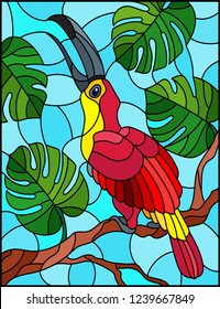 Illustration in the style of stained glass with a abstract red bird  on a  background of branch of tree and sky