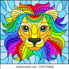 Illustration in the style of stained glass with abstract rainbow lion head on a blue background rectangular image