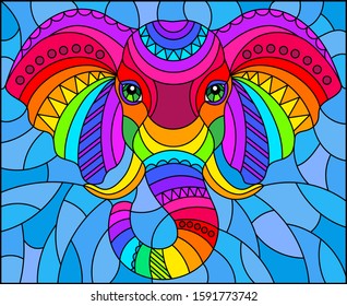 Illustration in the style of stained glass with abstract rainbow elephant head on a blue background rectangular image