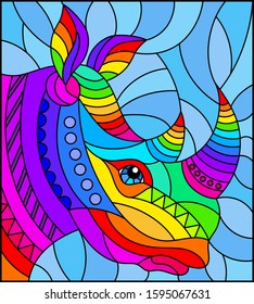 Illustration in the style of stained glass with abstract rainbow rhino head on a blue background rectangular image
