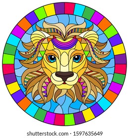 Illustration in the style of stained glass with abstract rainbow lion head on a blue background, oval image in bright frame