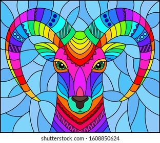 Illustration in the style of stained glass with abstract rainbow ram head on a blue background rectangular image