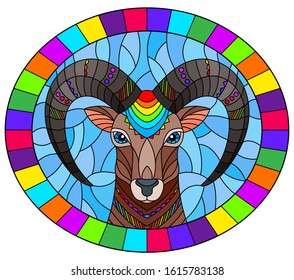 Illustration in the style of stained glass with abstract  ram head on a blue background oval image in bright frame