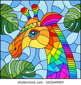 Illustration in the style of stained glass with abstract rainbow giraffe head on a blue background with leaves, rectangular image