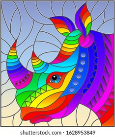 Illustration in the style of stained glass with abstract rainbow rhino head on a blue background rectangular image