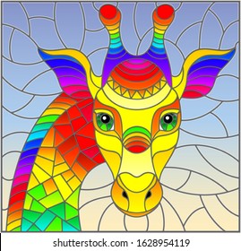 Illustration in the style of stained glass with abstract rainbow giraffe head on a blue background rectangular image