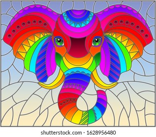 Illustration in the style of stained glass with abstract rainbow elephant head on a blue background rectangular image