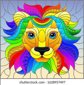 Illustration in the style of stained glass with abstract rainbow lion head on a blue background rectangular image