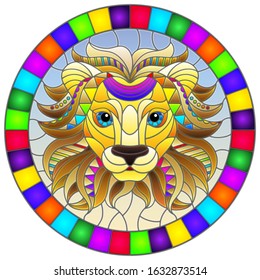 Illustration in the style of stained glass with abstract rainbow lion head on a blue background, oval image in bright frame