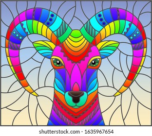 Illustration in the style of stained glass with abstract rainbow ram head on a blue background rectangular image