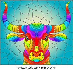 Illustration in the style of stained glass with abstract rainbow  bull head on a blue background rectangular image