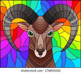 Illustration in the style of stained glass with abstract  ram head on a rainbow background rectangular image