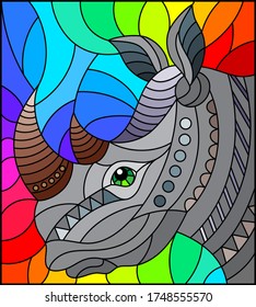 Illustration in the style of stained glass with abstract rhino head on a rainbow background rectangular image