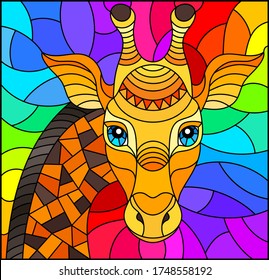 Illustration in the style of stained glass with abstract  giraffe head on a rainbow background rectangular image