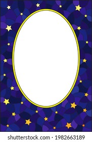 Illustration in the style of stained glass with an abstract background with a frame, stars on a dark blue background, rectangular image