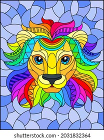 Illustration in the style of stained glass with abstract rainbow lion head on a blue background rectangular image