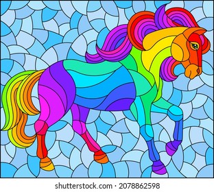 Illustration in the style of stained glass with abstract rainbow horse on a blue background, rectangular image