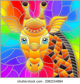 Illustration in the style of stained glass with abstract  giraffe head on a rainbow background rectangular image