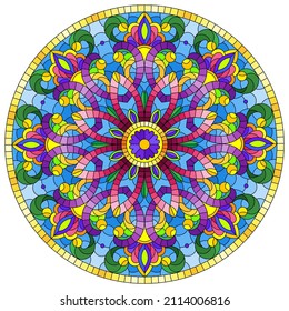 Illustration in the style of stained glass with abstract patterns and flowers, round image in a frame