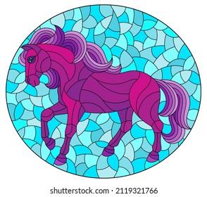 Illustration in the style of stained glass with abstract bright horse on a blue background, oval image