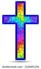 An illustration in the style of stained glass with an abstract Christian cross, a figure isolated on a white background