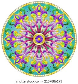 Illustration in the style of stained glass with abstract patterns and flowers, round image in a frame