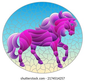 Illustration in the style of stained glass with abstract bright horse on a blue background, oval image