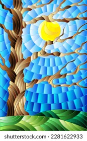 An illustration in the style of stained glass with an abstract autumn tree on a background of blue sky and sun
