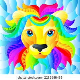 Illustration in the style of stained glass with abstract rainbow lion head on a blue background rectangular image