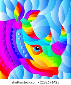Illustration in the style of stained glass with abstract rainbow rhino head on a blue background rectangular image