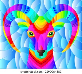 Illustration in the style of stained glass with abstract rainbow ram head on a blue background rectangular image