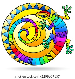 Illustration in the style of stained glass with abstract lizard, animal isolated on a white background