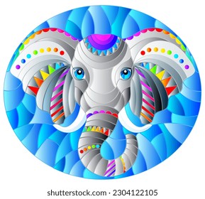 Illustration in the style of stained glass with abstract rainbow elephant head on a blue background ,oval image in bright frame