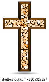 An illustration in the style of stained glass with an abstract Christian cross, a figure isolated on a white background, tone brown