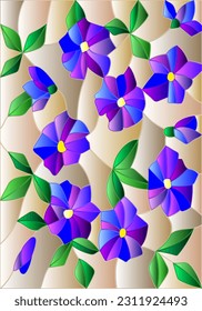 Illustration in the style of stained glass with abstract purple flowers on a beige background