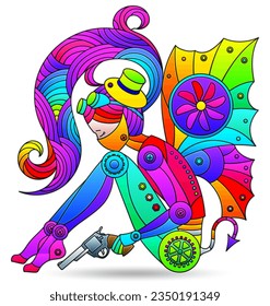 Illustration in the style of stained glass with abstract bright girl, isolated on a white background