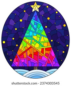 Illustration in the style of stained glass with an abstract Christmas tree on the background of snow and night sky