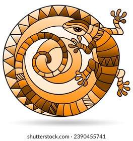 Illustration in the style of stained glass with abstract lizard, animal isolated on a white background, tone brown