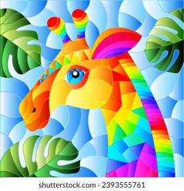 Illustration in the style of stained glass with abstract rainbow giraffe head on a blue background with leaves, rectangular image