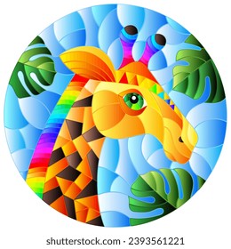 Illustration in the style of stained glass with abstract rainbow giraffe head on a blue background with leafs , oval image 