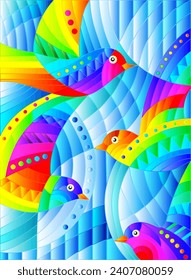 An illustration in the style of stained glass with abstract bright birds on a blue sky background