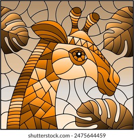 Illustration in the style of stained glass with abstract giraffe head  with leaves, rectangular image, tone brown